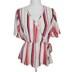 Pink Rose Sz Large Surplice Peplum Blouse Vertical Stripes Tie Ladder Detail EUC